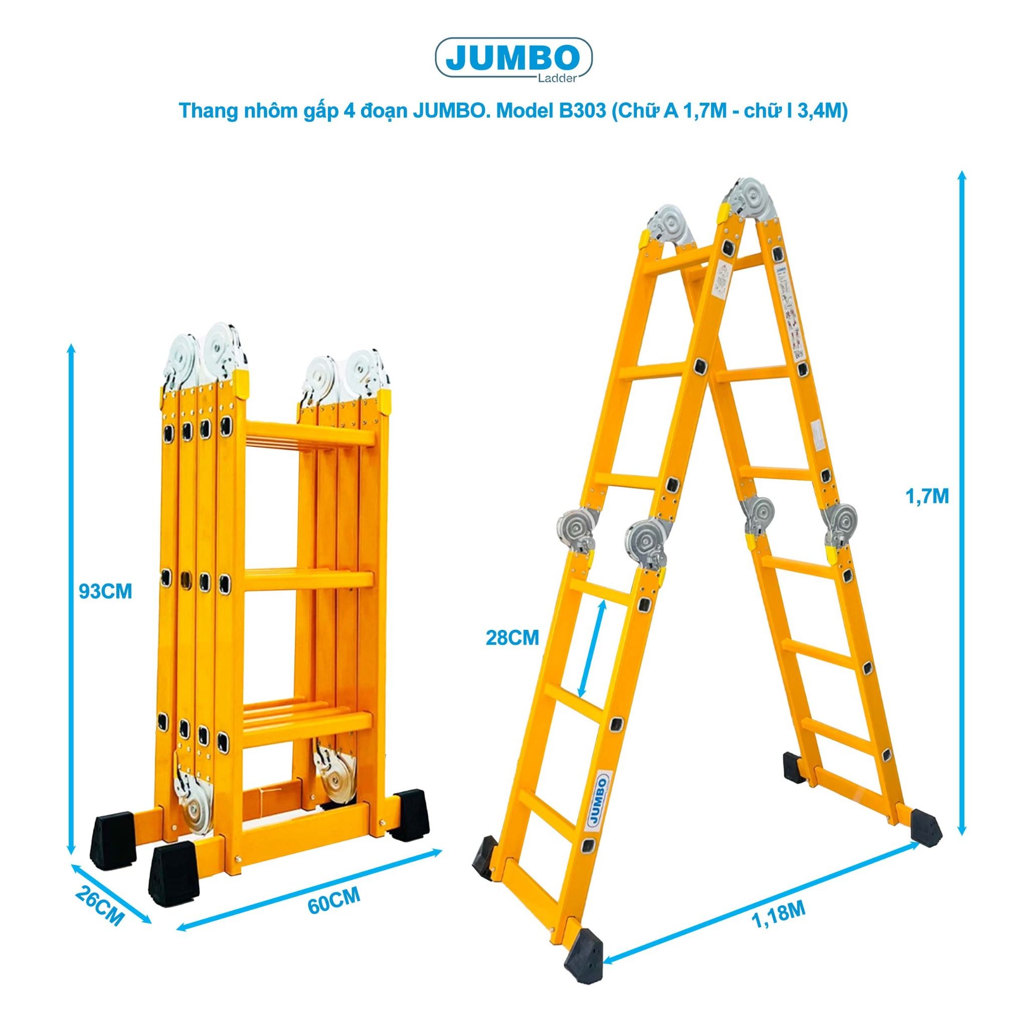 Thang nhôm gấp 4 đoạn JUMBO B303, chữ A cao 1.7m