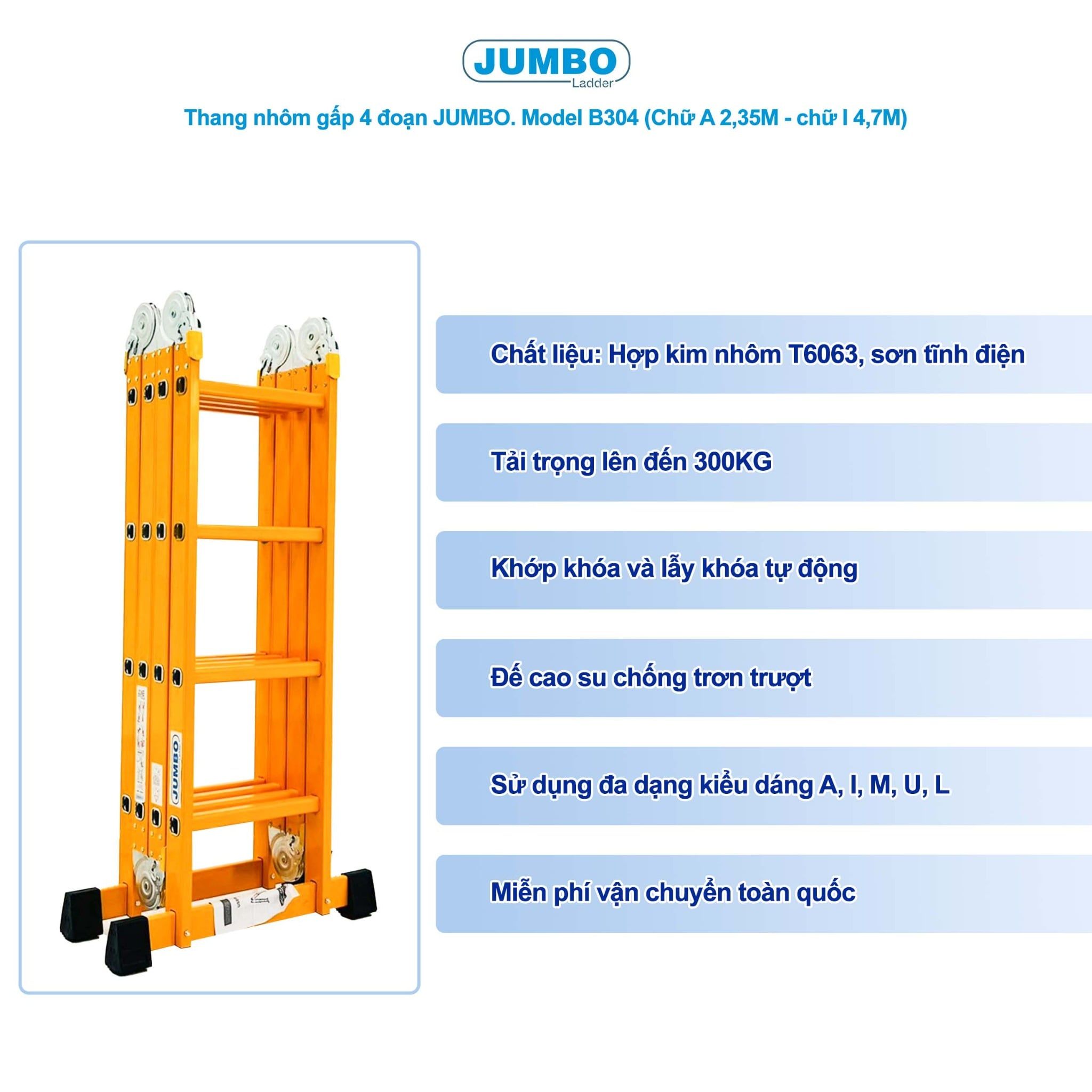 Thang nhôm gấp 4 đoạn JUMBO B304, chữ A cao 2.35m