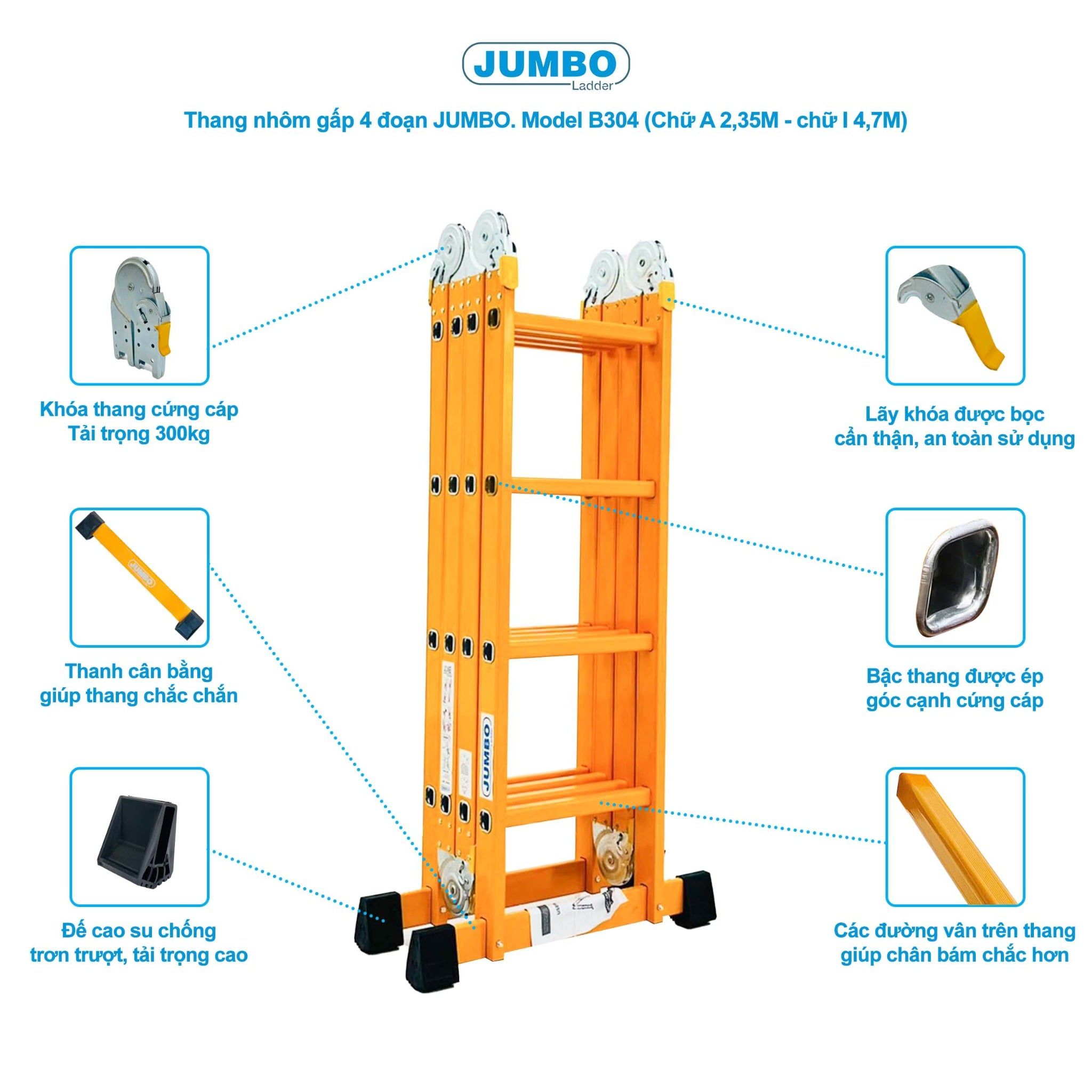 Thang nhôm gấp 4 đoạn JUMBO B304, chữ A cao 2.35m