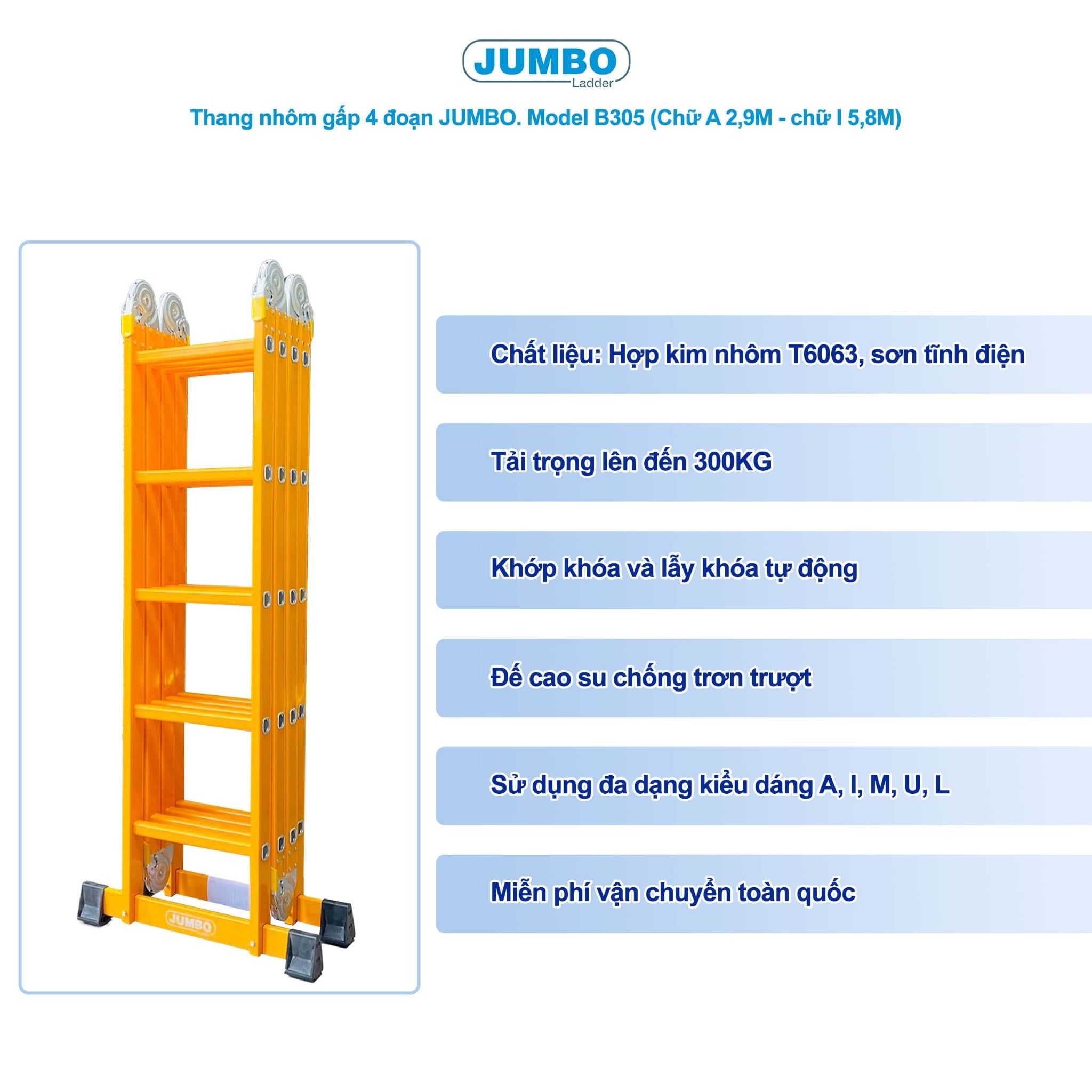 Thang nhôm gấp 4 đoạn JUMBO B305, chữ A cao 2.9m