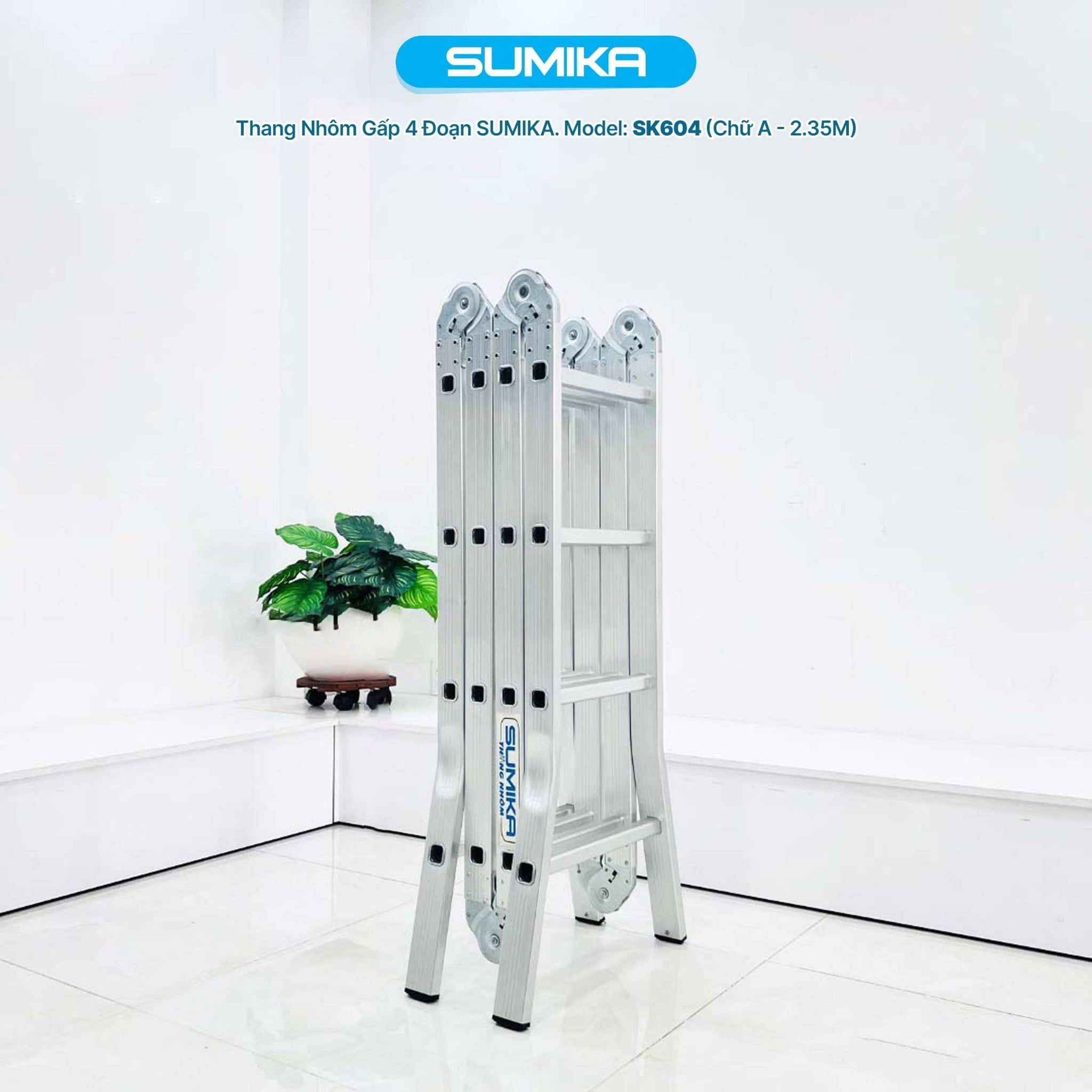 Thang nhôm gấp đa năng 4 đoạn, 16 bậc, 4,7m Sumika. Model: SK604