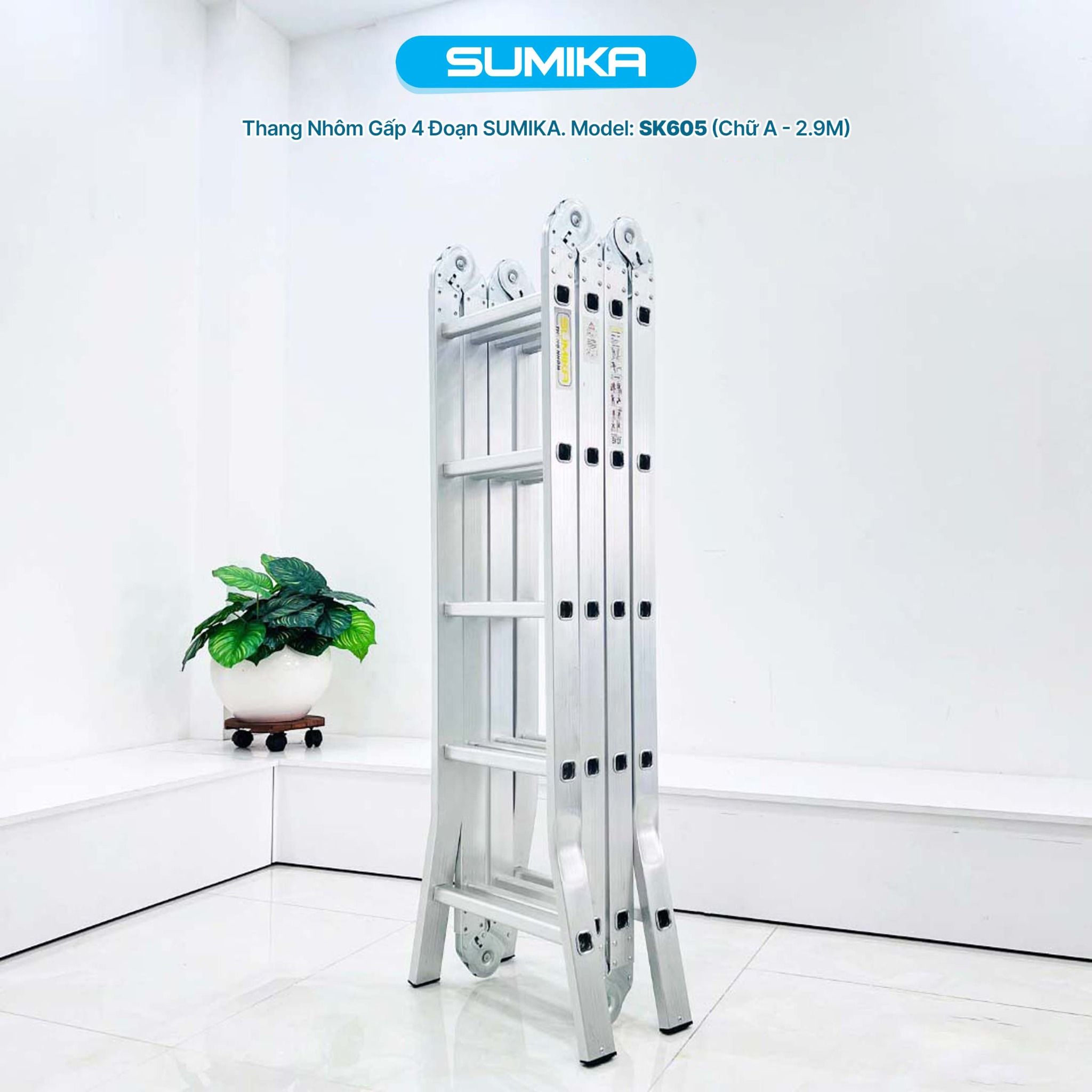 Thang nhôm gấp đa năng 4 đoạn, 20 bậc, 5,8m Sumika. Model: SK605