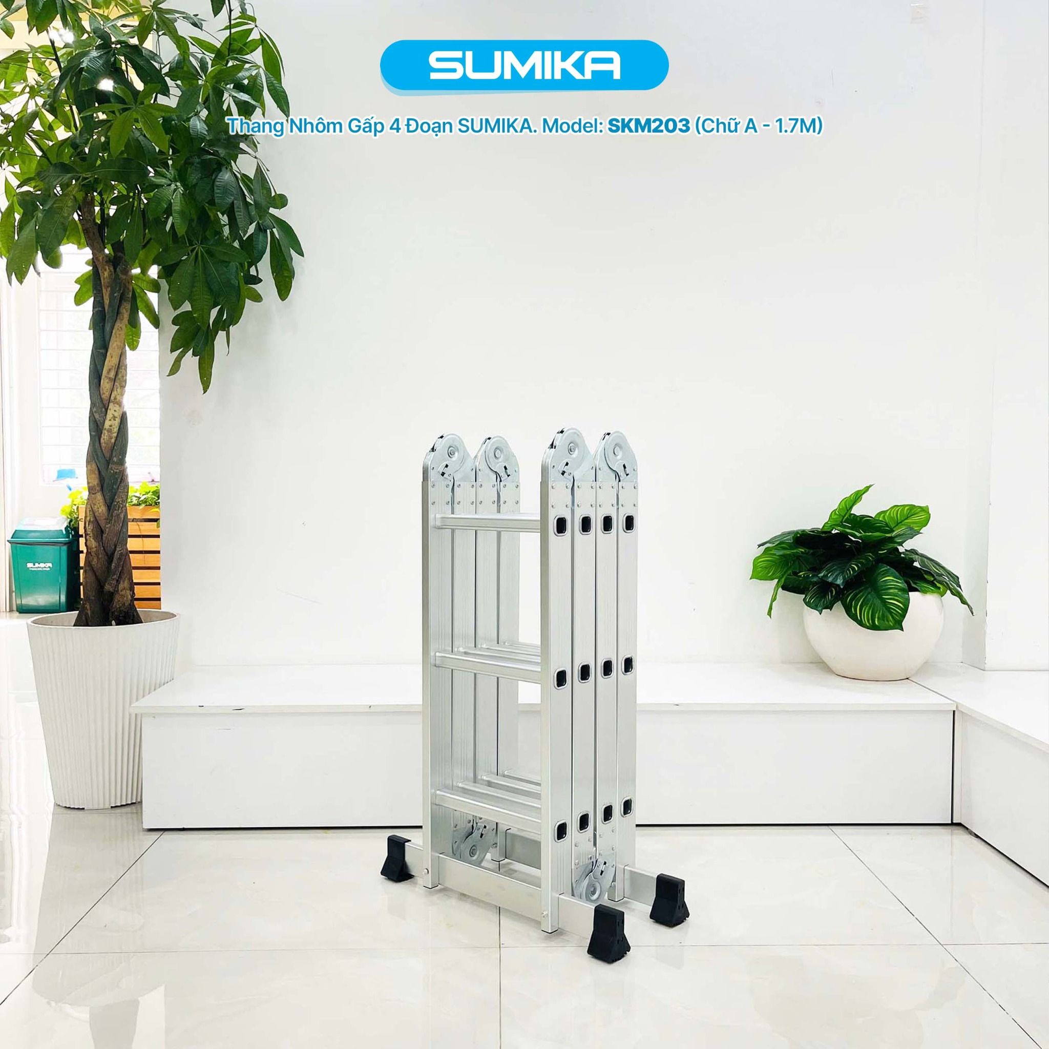 Thang nhôm gấp 4 đoạn Sumika SKM203, chữ A cao 1.7m, chữ I cao 3.58m