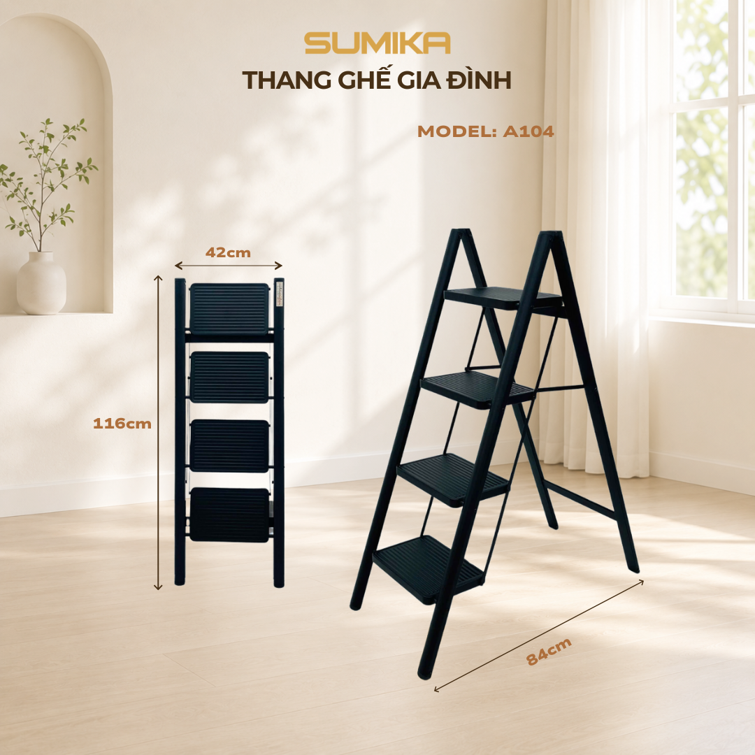 Thang ghế 4 bậc SUMIKA A104 (Black), chiều cao 94cm