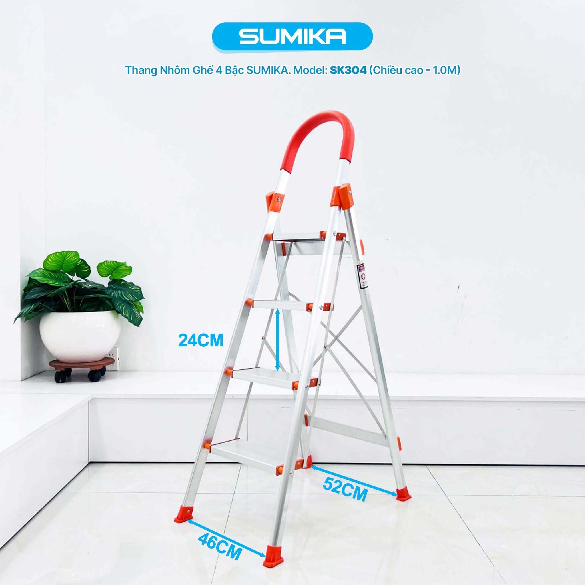 Thang nhôm ghế 4 bậc SUMIKA SK304, chiều cao 1.0m, tải trọng 150kg