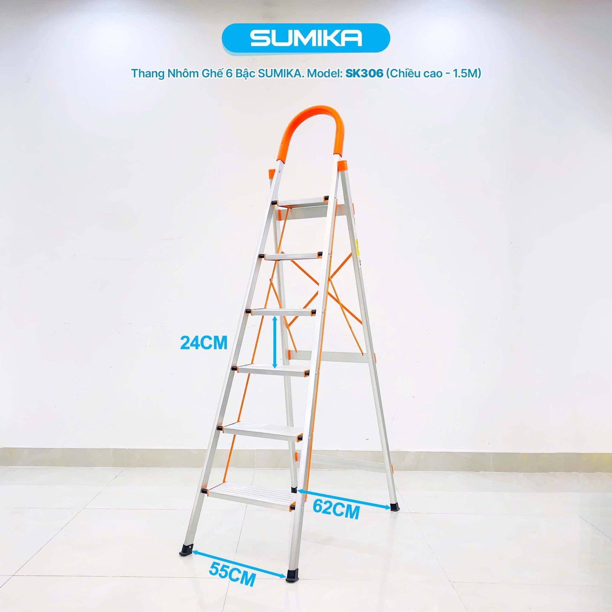 Thang nhôm ghế 6 bậc SUMIKA SK306, chiều cao 1.5m, tải trọng 150kg
