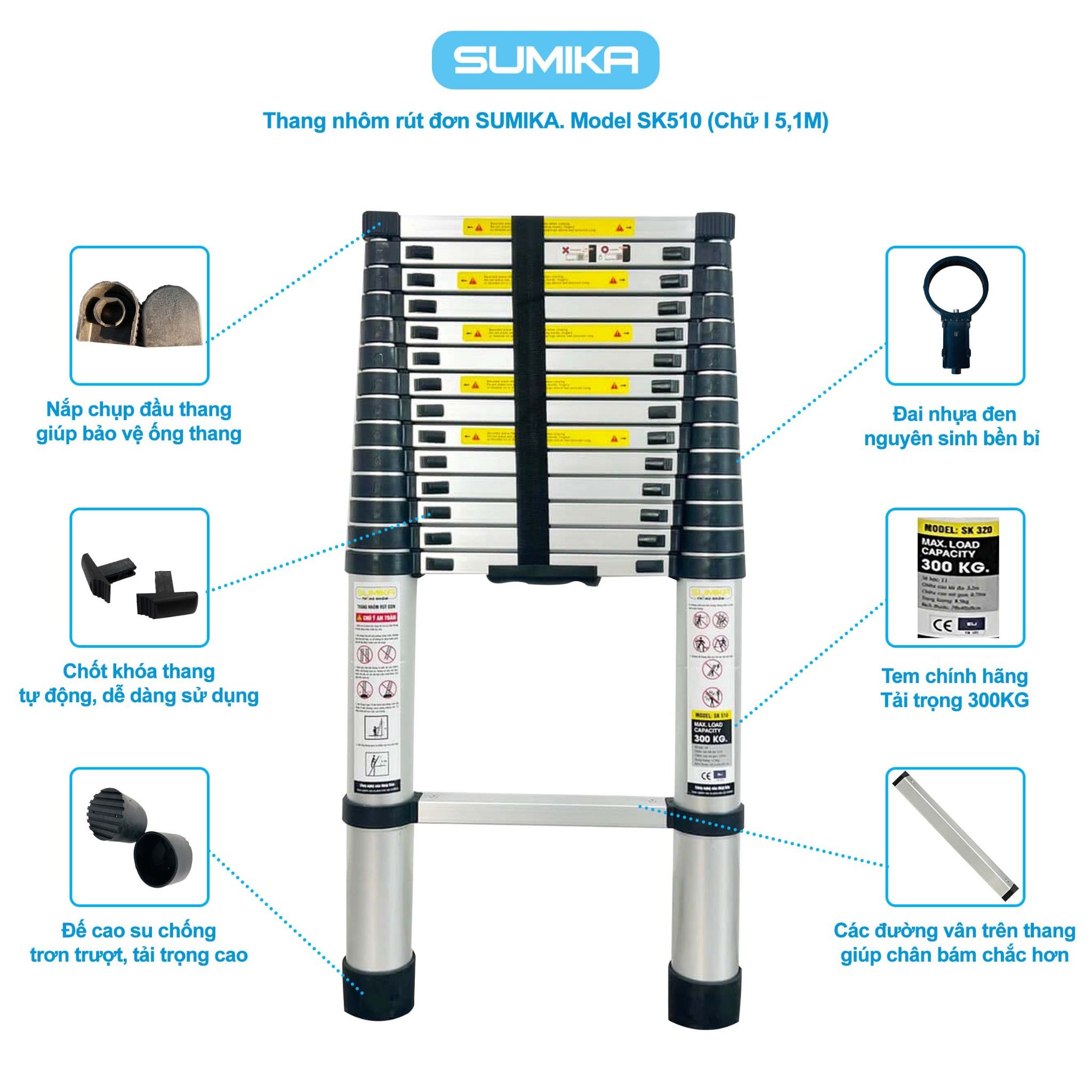 Thang rút nhôm Sumika SK510, đai đen, chiều cao 5.1m