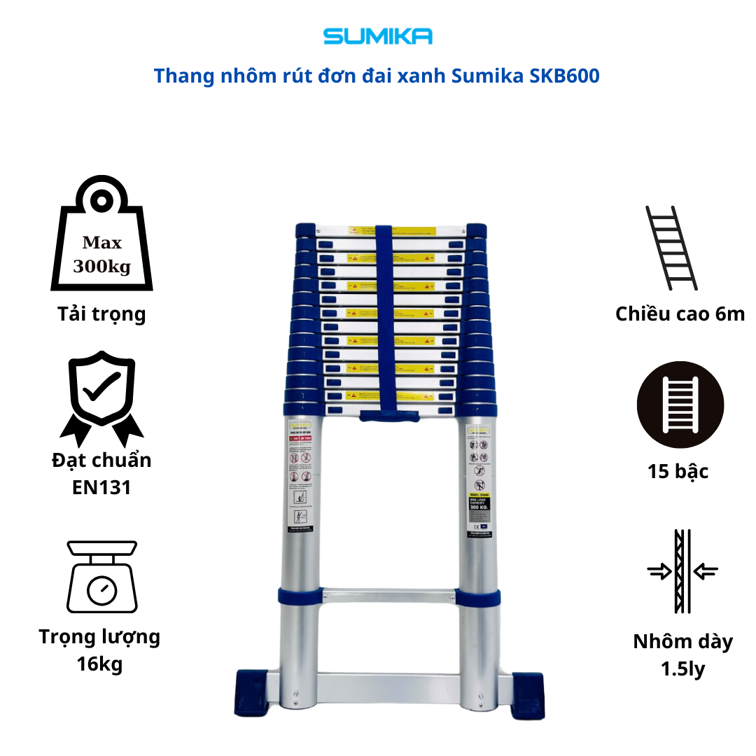 Thang nhôm rút đơn SUMIKA SKB600, chiều cao 6m, đai xanh