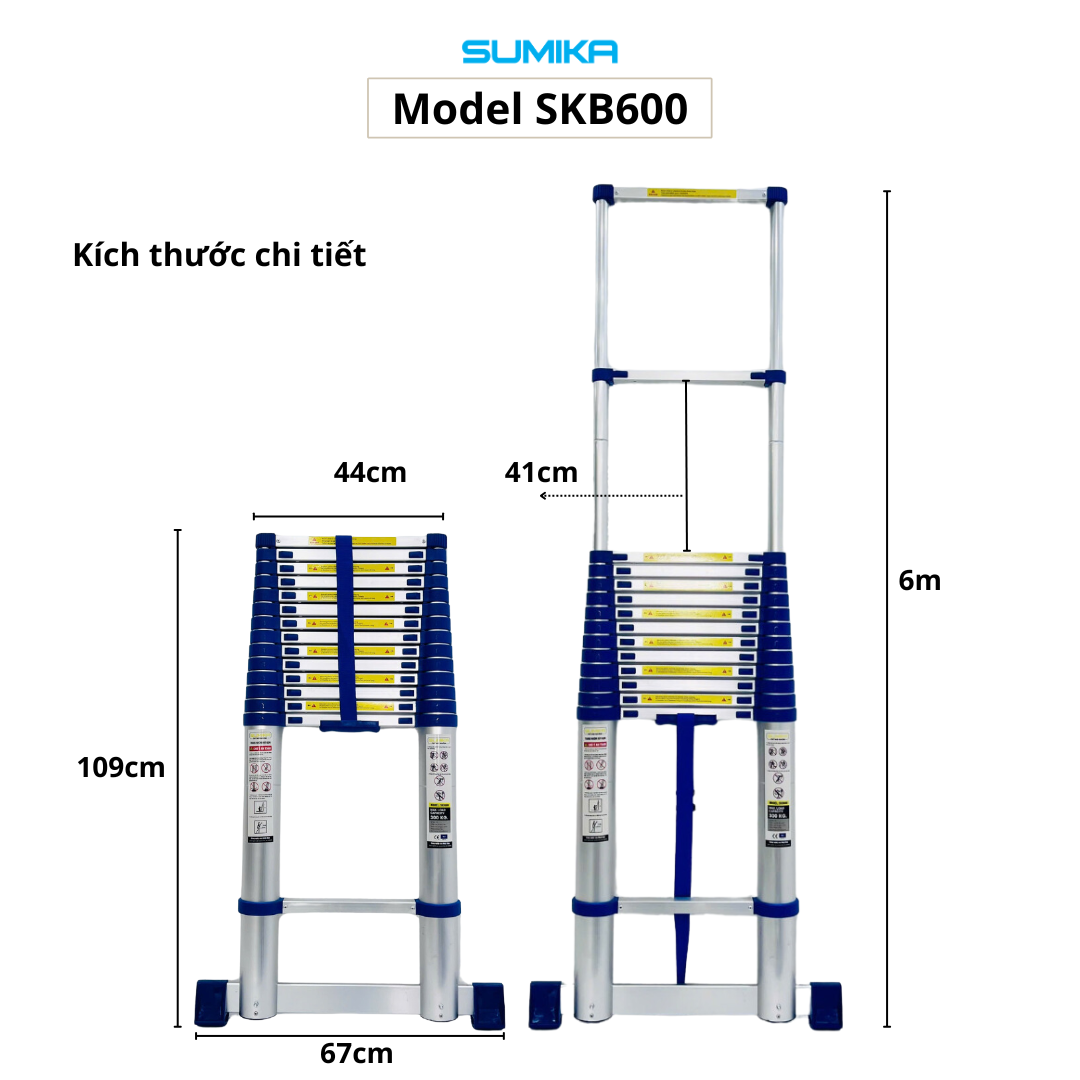 Thang nhôm rút đơn SUMIKA SKB600, chiều cao 6m, đai xanh