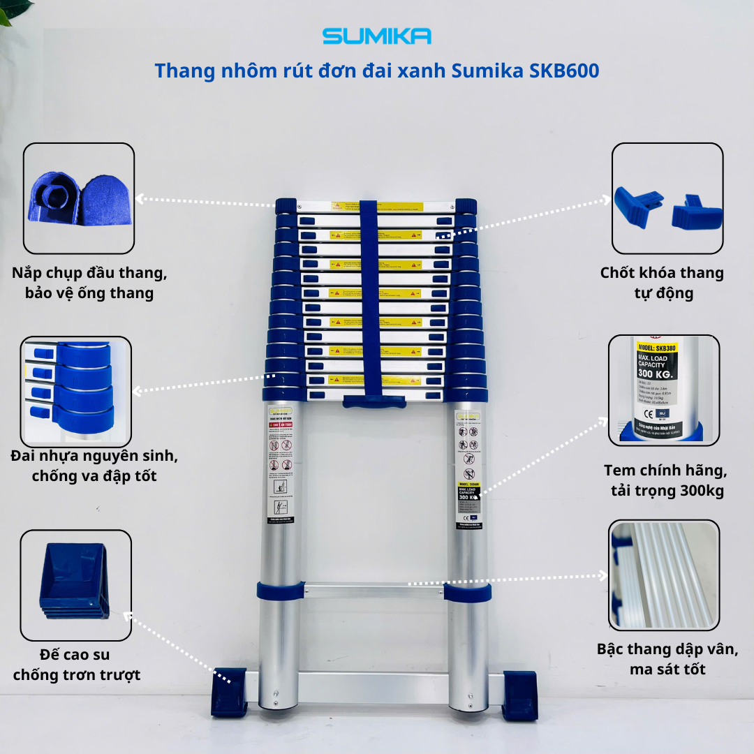 Thang nhôm rút đơn SUMIKA SKB600, chiều cao 6m, đai xanh