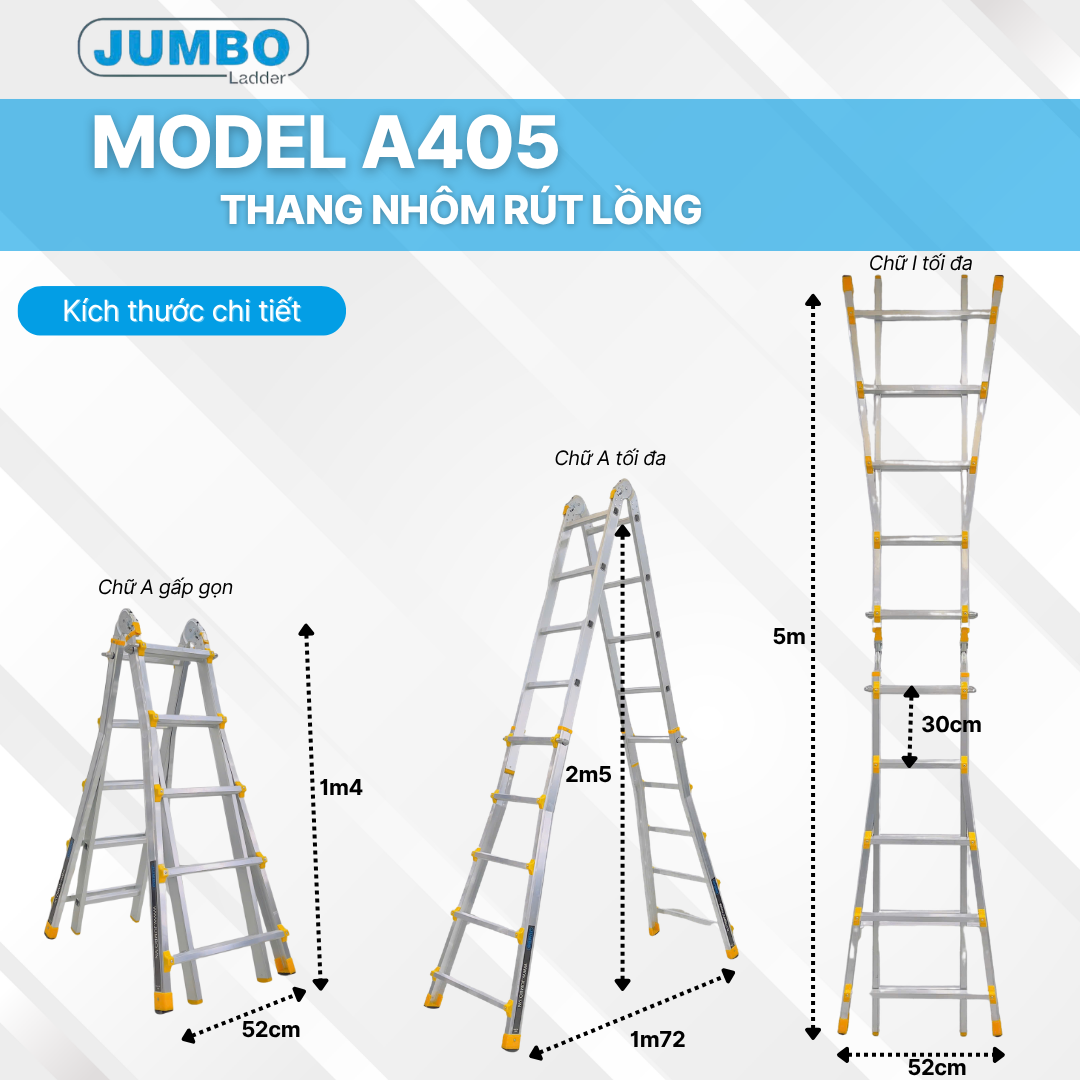 Thang nhôm rút lồng JUMBO A405, chữ A cao nhất 2.5m