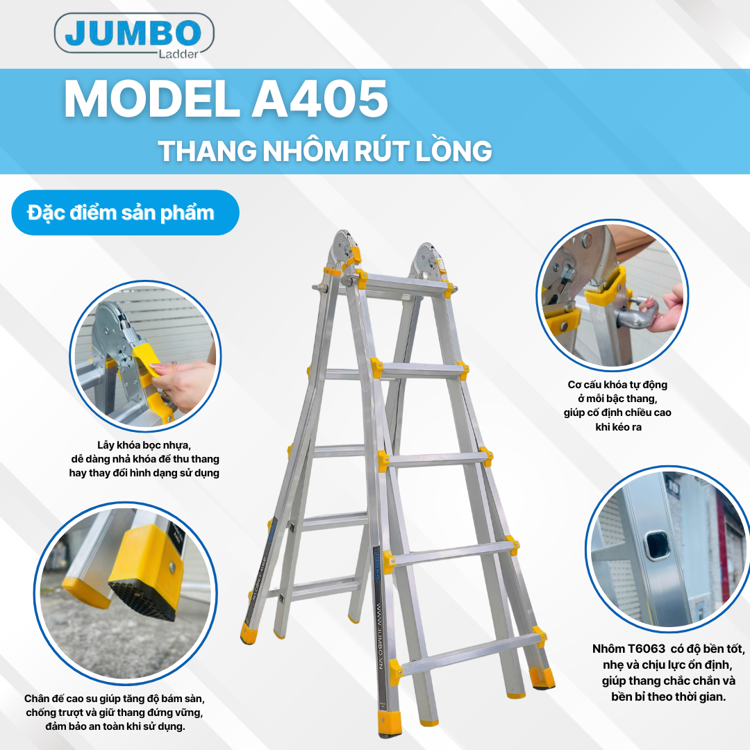 Thang nhôm rút lồng JUMBO A405, chữ A cao nhất 2.5m