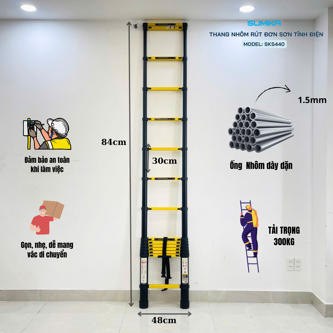 Thang nhôm rút gọn Sumika SKS440, sơn tĩnh điện, chiều cao 4.4m