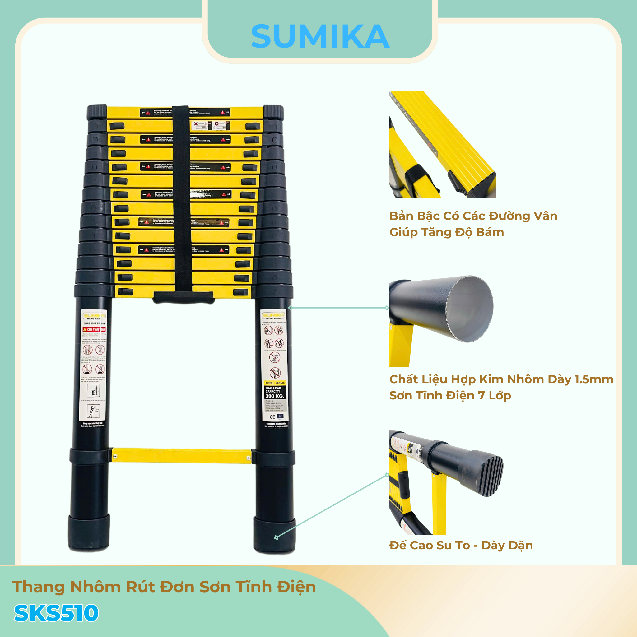 Thang nhôm rút gọn Sumika SKS510, sơn tĩnh điện, chiều cao 5.1m