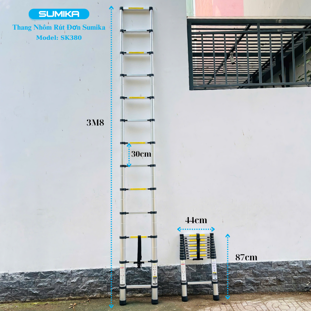 Thang rút nhôm Sumika SK380, đai đen, chiều cao 3.8m