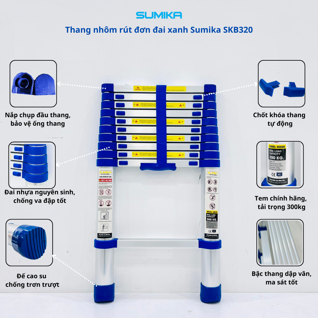 Thang rút nhôm Sumika SKB320, đai xanh, chiều cao 3.2m