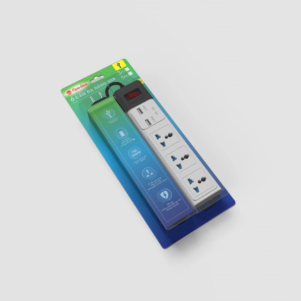 Ổ cắm đa năng USB Rạng Đông OC02.USB 3C/3M/10A, tối đa 2500W