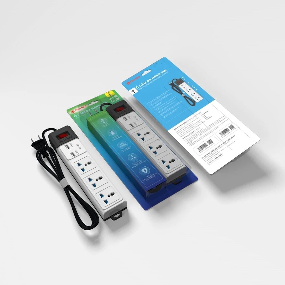 Ổ cắm đa năng USB Rạng Đông OC02.USB 3C/3M/10A, tối đa 2500W
