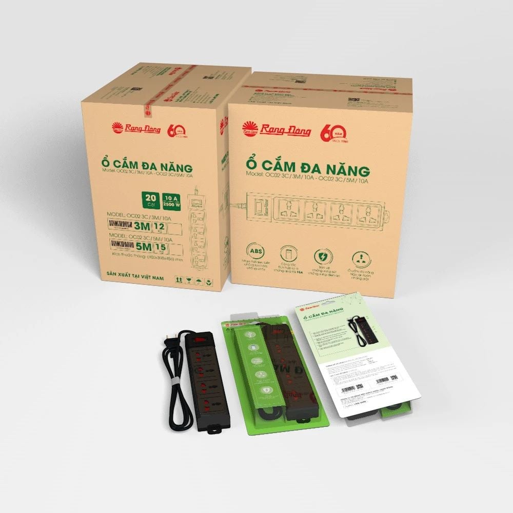 Ổ cắm đa năng Rạng Đông OC02 4C/3M/10A, 2500W, dây 3m hoặc 5m