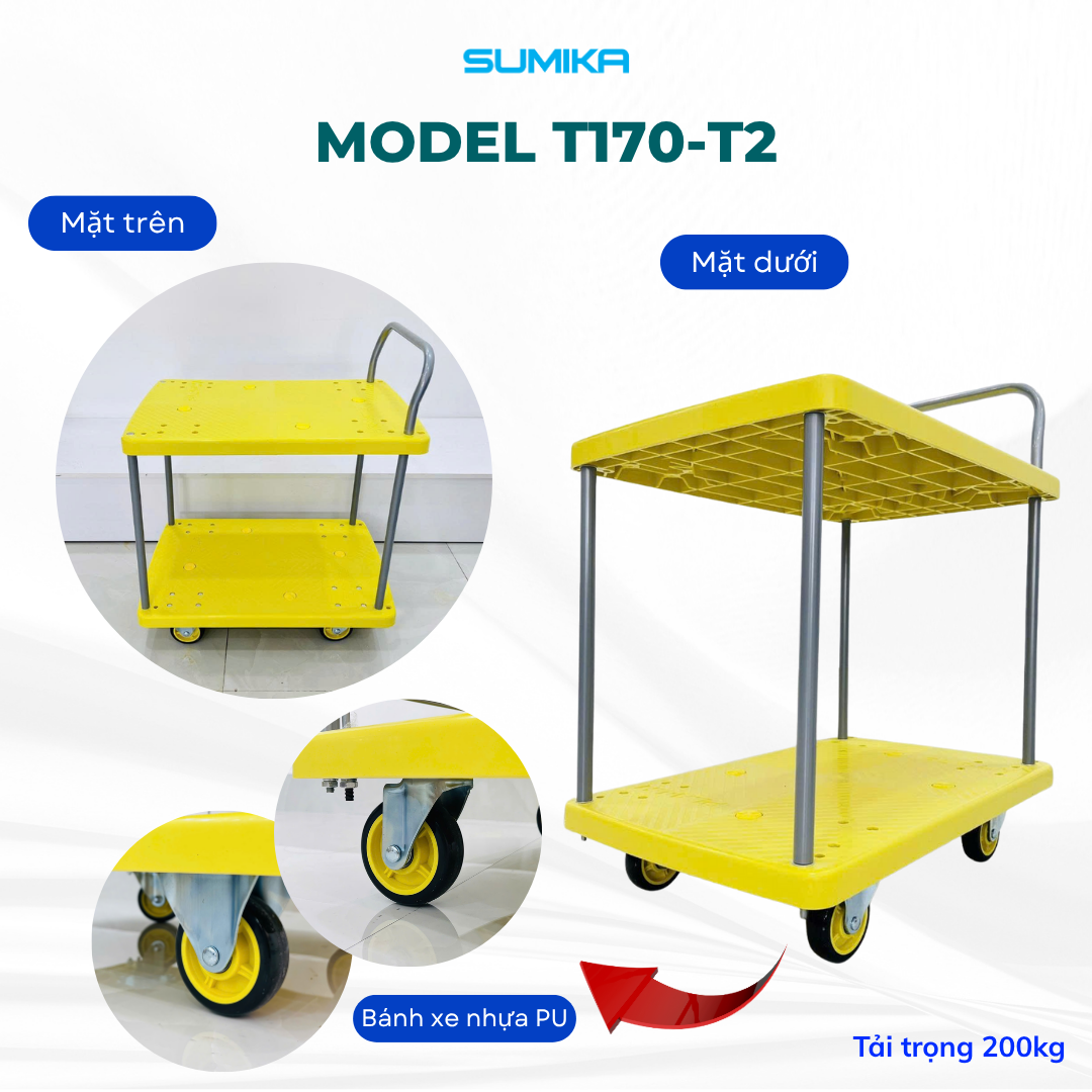 Xe Đẩy Hàng 4 Bánh 2 Tầng Sàn Nhựa SUMIKA T170-T2