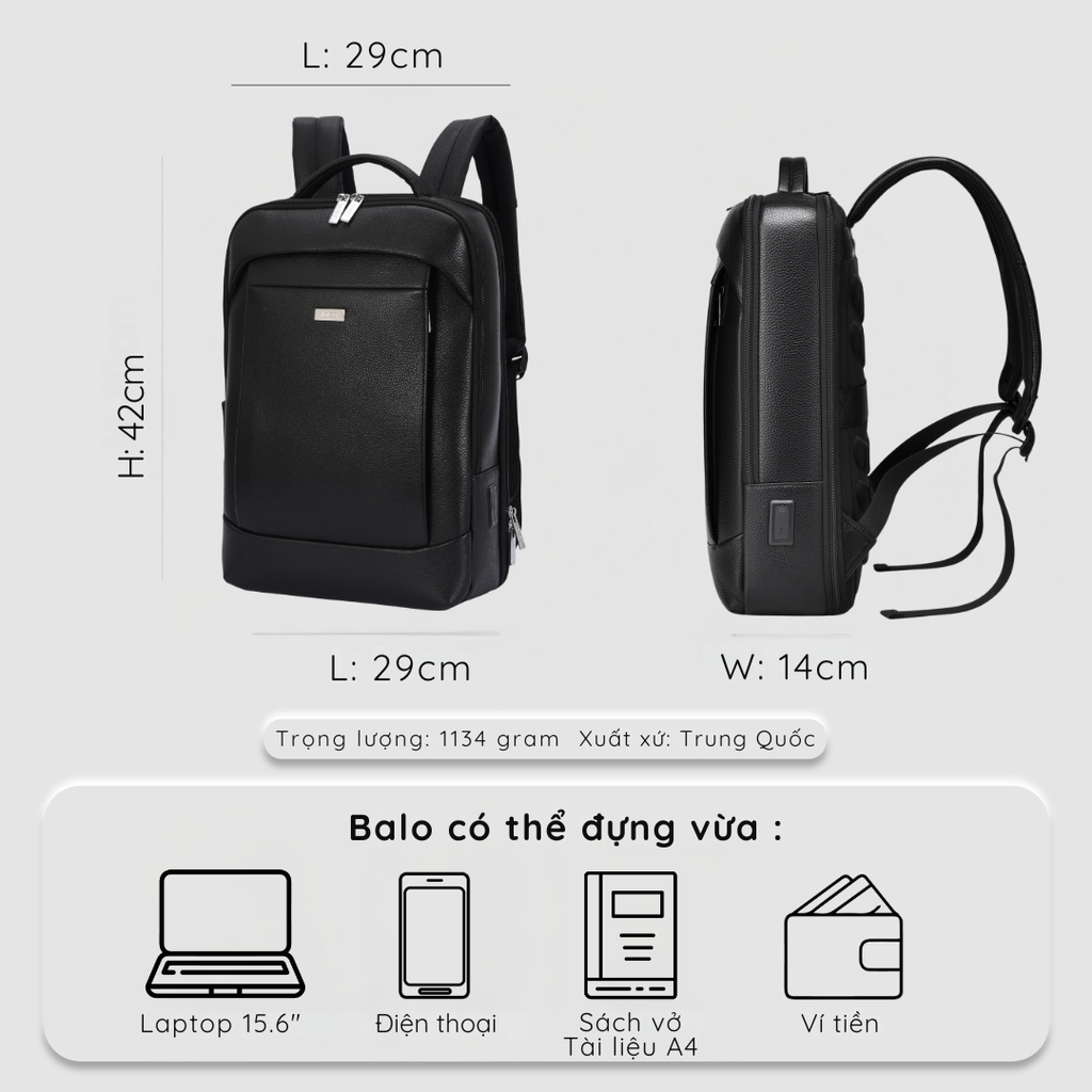 Balo da nam nữ tích hợp cổng sạc USB IDIGO MBP1 - 20001, Balo đựng laptop 15.6 inch da bò thật cao cấp