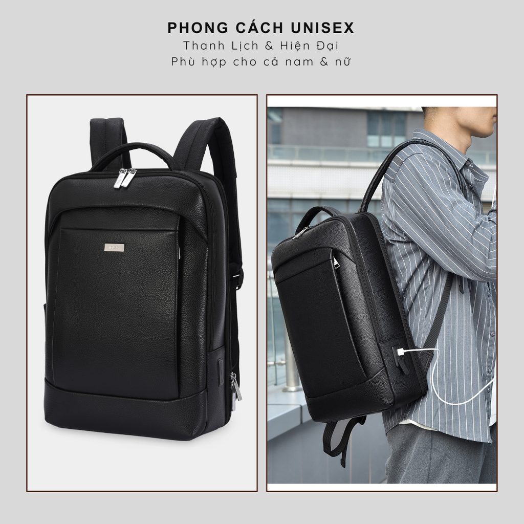 Balo da nam nữ tích hợp cổng sạc USB IDIGO MBP1 - 20001, Balo đựng laptop 15.6 inch da bò thật cao cấp