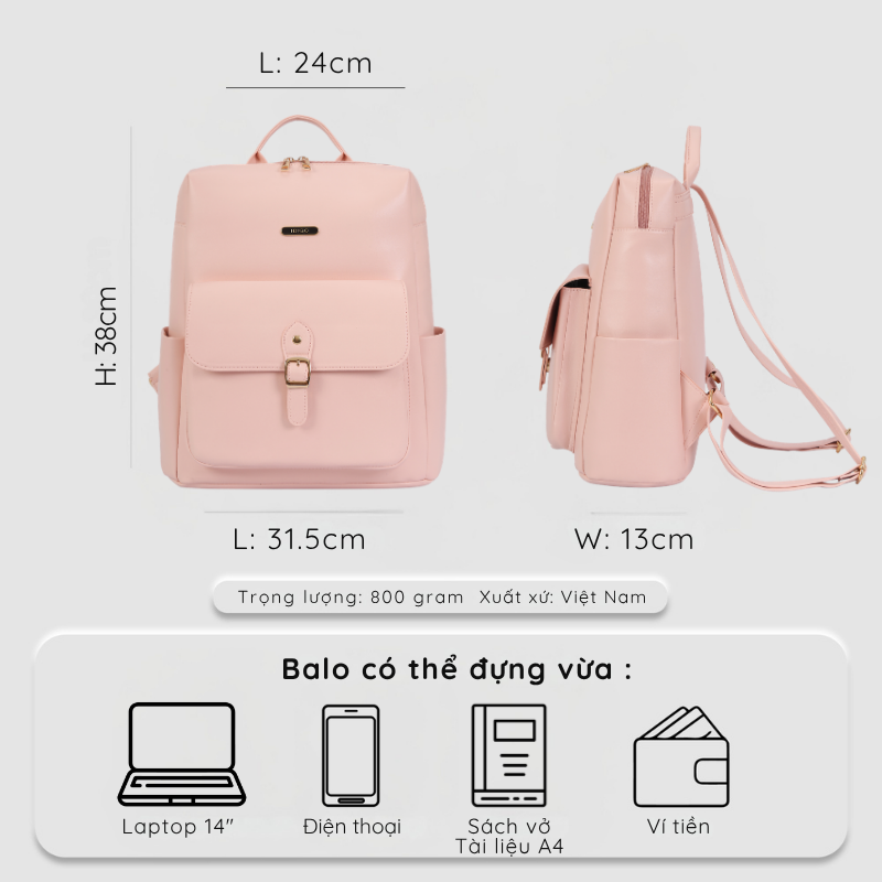 Balo da nữ sang trọng, ba lô thời trang thiết kế tinh tế chứa laptop 14 inch IDIGO FBP2 - 5069