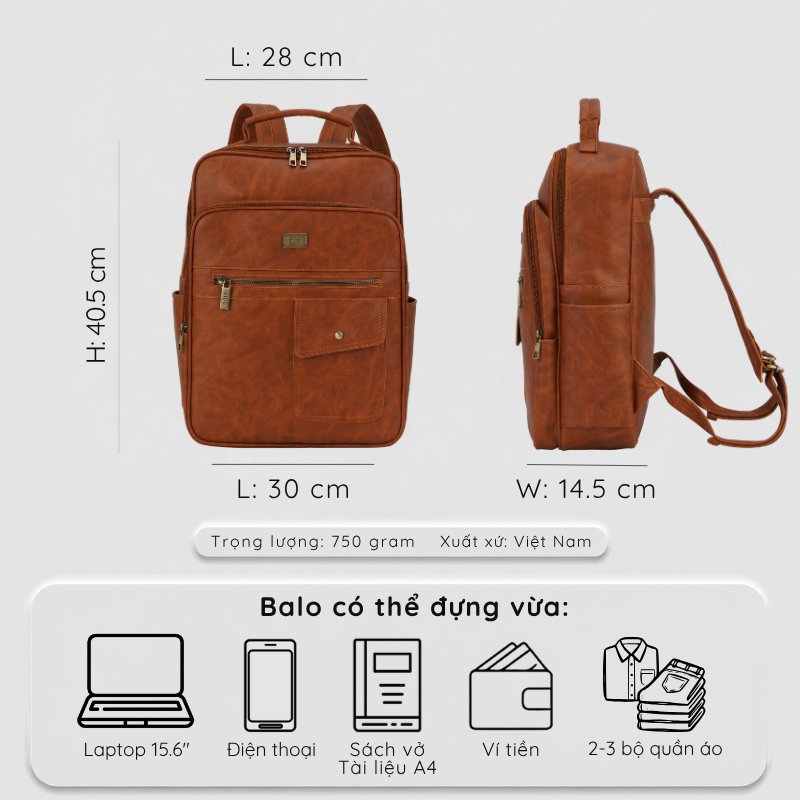 Ba lô công sở thời trang nam nữ thiết kế ngăn túi vạt xéo phía trước hiện đại, balo da laptop 15.6 inch UBP2 - 6036