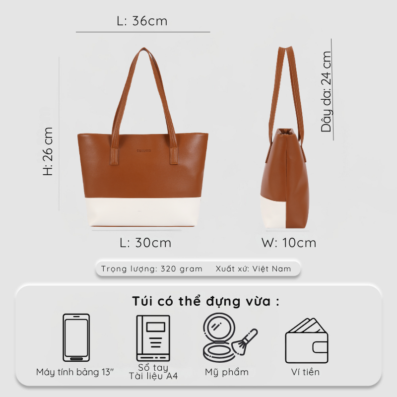Túi xách nữ công sở DEVANTO FB2 - 2514D, túi đựng tài liệu A4 phom lớn