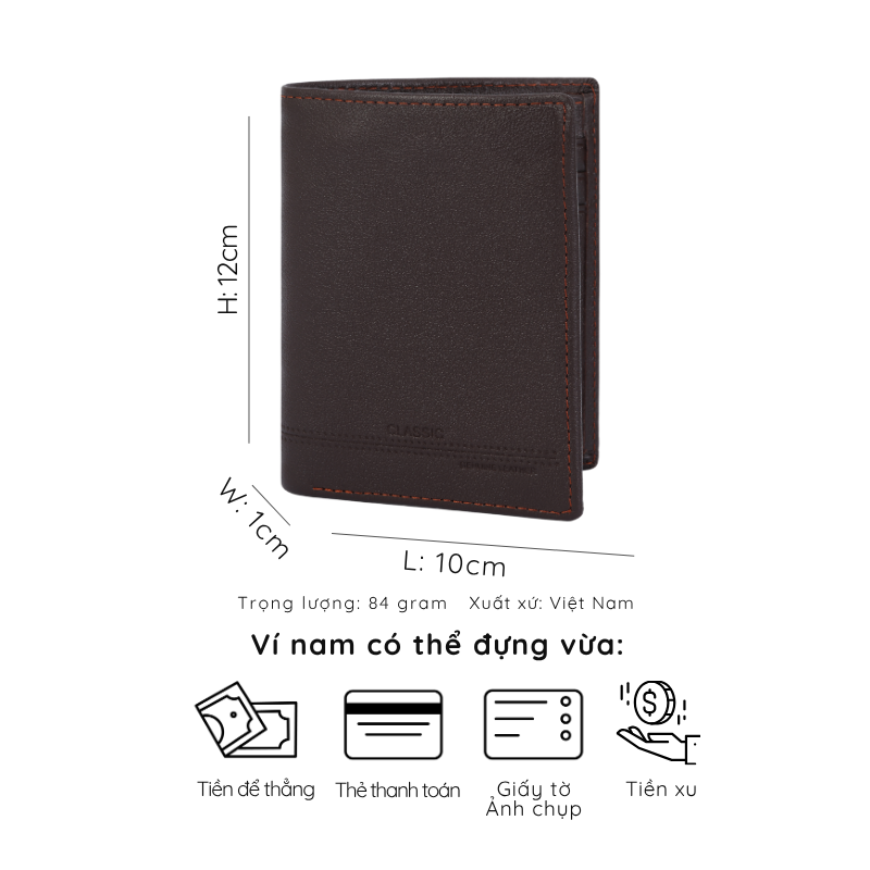 Ví nam da bò phom chữ nhật đứng, ví nam cầm tay lịch lãm tiện lợi IDIGO MW1 - 4328
