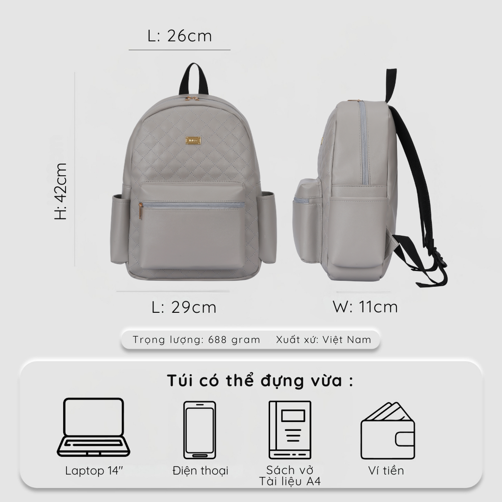 Ba lô công sở thời trang nữ IDIGO UBP2 – 6035 , Balo da nữ họa tiết chần trám thanh lịch đựng laptop 14 inch