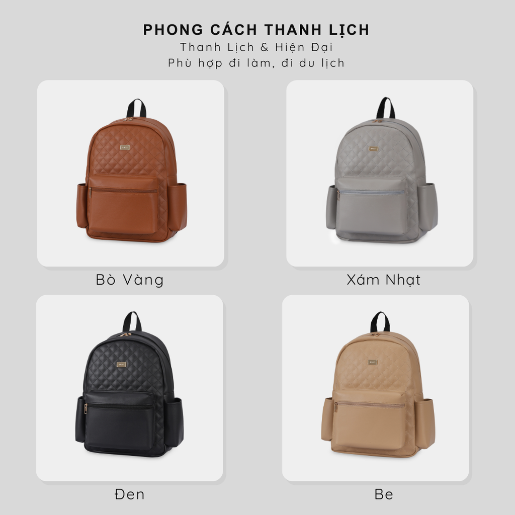 Ba lô công sở thời trang nữ IDIGO UBP2 – 6035 , Balo da nữ họa tiết chần trám thanh lịch đựng laptop 14 inch