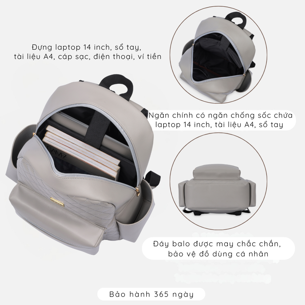 Ba lô công sở thời trang nữ IDIGO UBP2 – 6035 , Balo da nữ họa tiết chần trám thanh lịch đựng laptop 14 inch