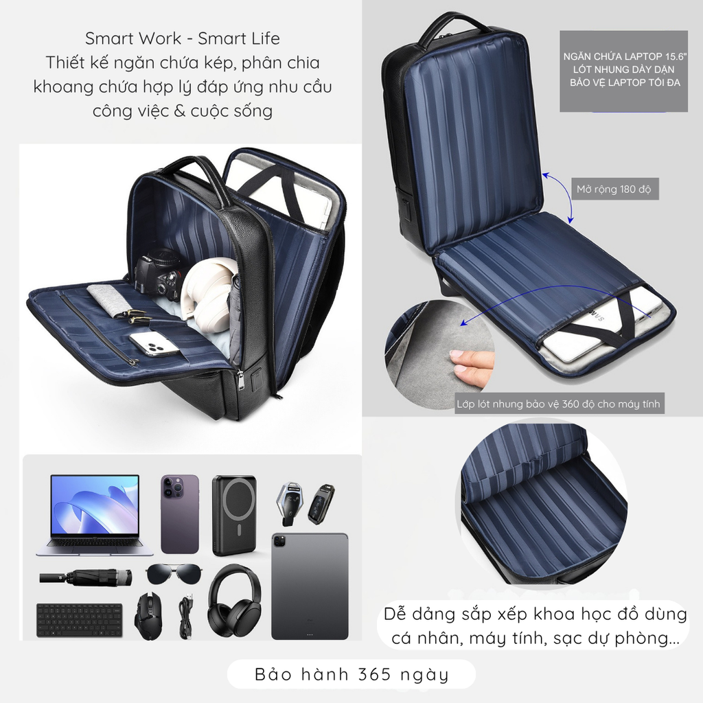 Balo da nam nữ tích hợp cổng sạc USB IDIGO MBP1 - 20001, Balo đựng laptop 15.6 inch da bò thật cao cấp