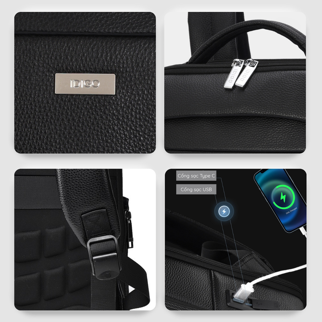 Balo da nam nữ tích hợp cổng sạc USB IDIGO MBP1 - 20001, Balo đựng laptop 15.6 inch da bò thật cao cấp