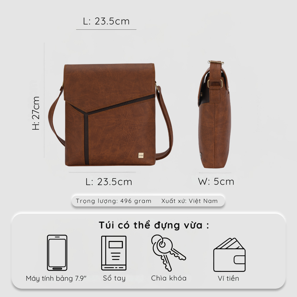 Túi đeo chéo nam nữ nắp gập vạt chéo IDIGO MB2 - 3398, túi công sở dáng chữ nhật đựng IPAD 7.9 inch