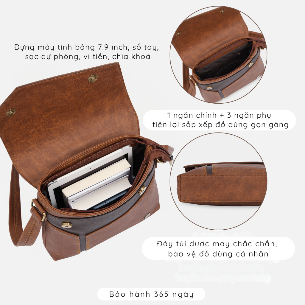 Túi đeo chéo nam nữ nắp gập vạt chéo IDIGO MB2 - 3398, túi công sở dáng chữ nhật đựng IPAD 7.9 inch