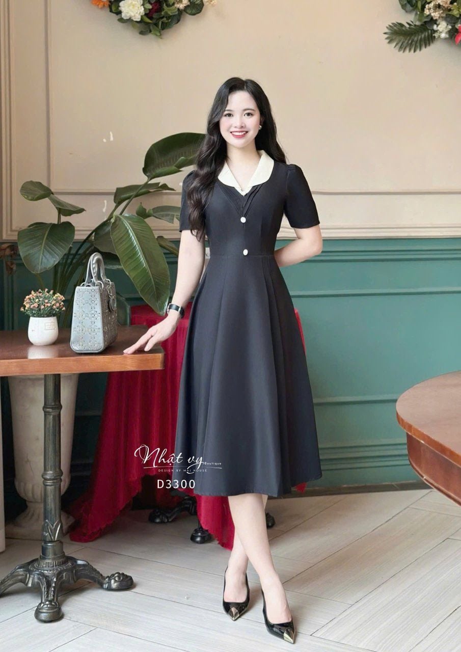  Đầm dáng xoè cổ V xếp ly phối bèo cổ - D3300 