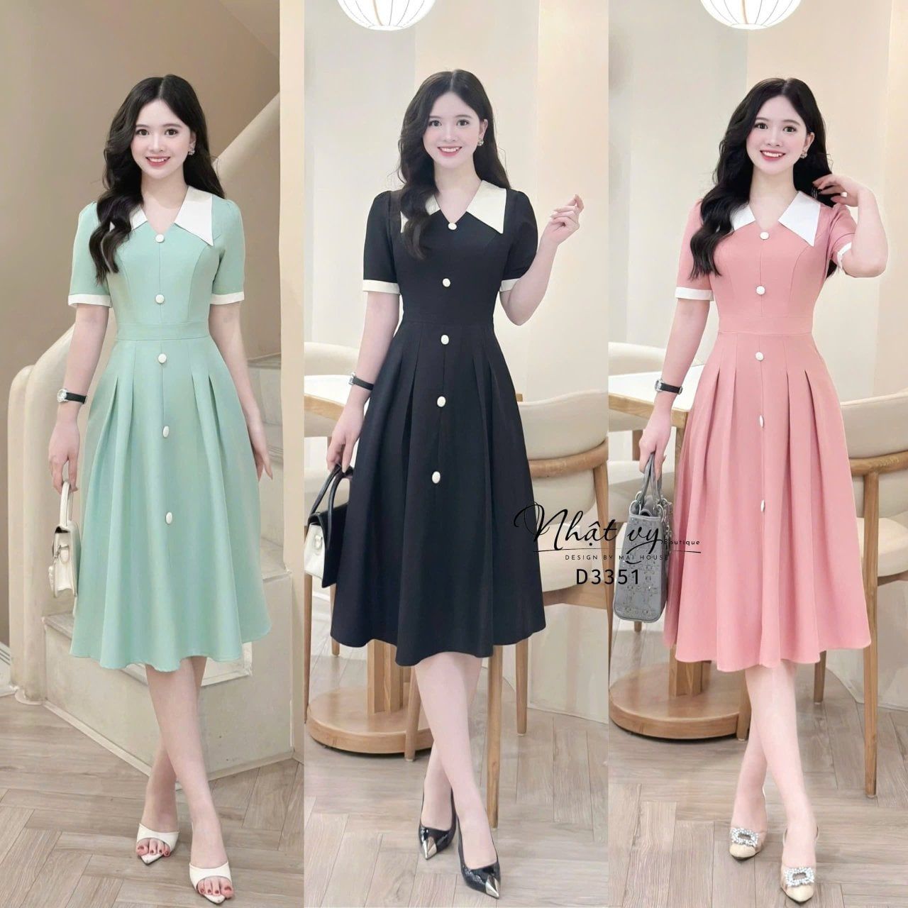  Đầm cổ tim phối bèo đính cúc bọc - D3351 