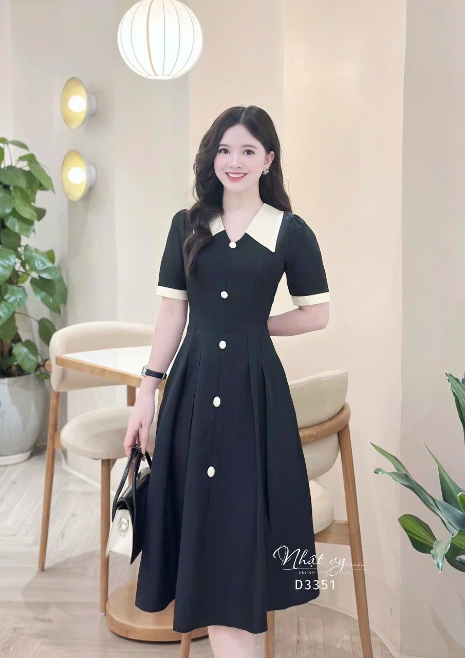  Đầm cổ tim phối bèo đính cúc bọc - D3351 