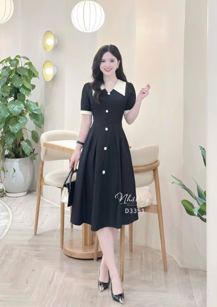  Đầm cổ tim phối bèo đính cúc bọc - D3351 