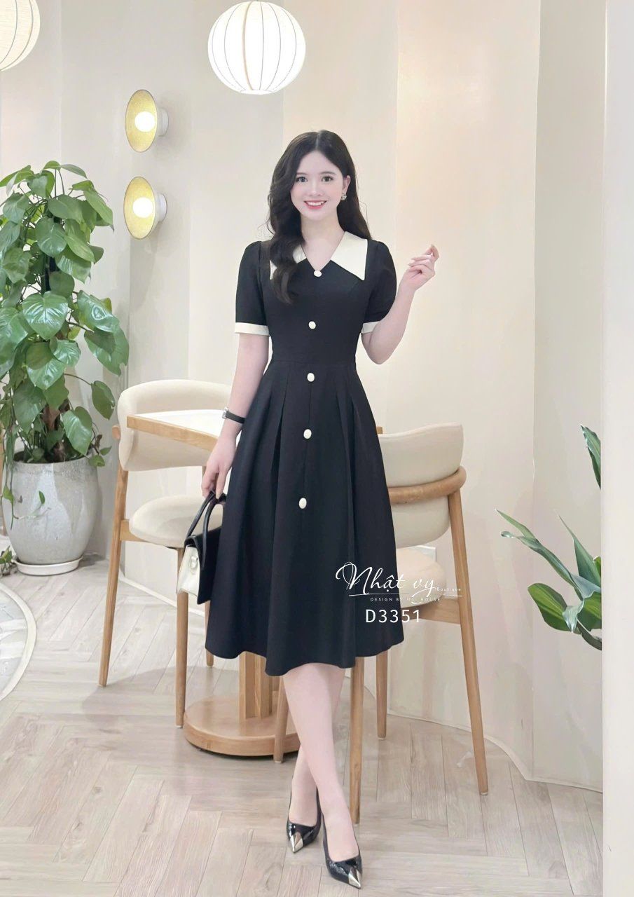  Đầm cổ tim phối bèo đính cúc bọc - D3351 