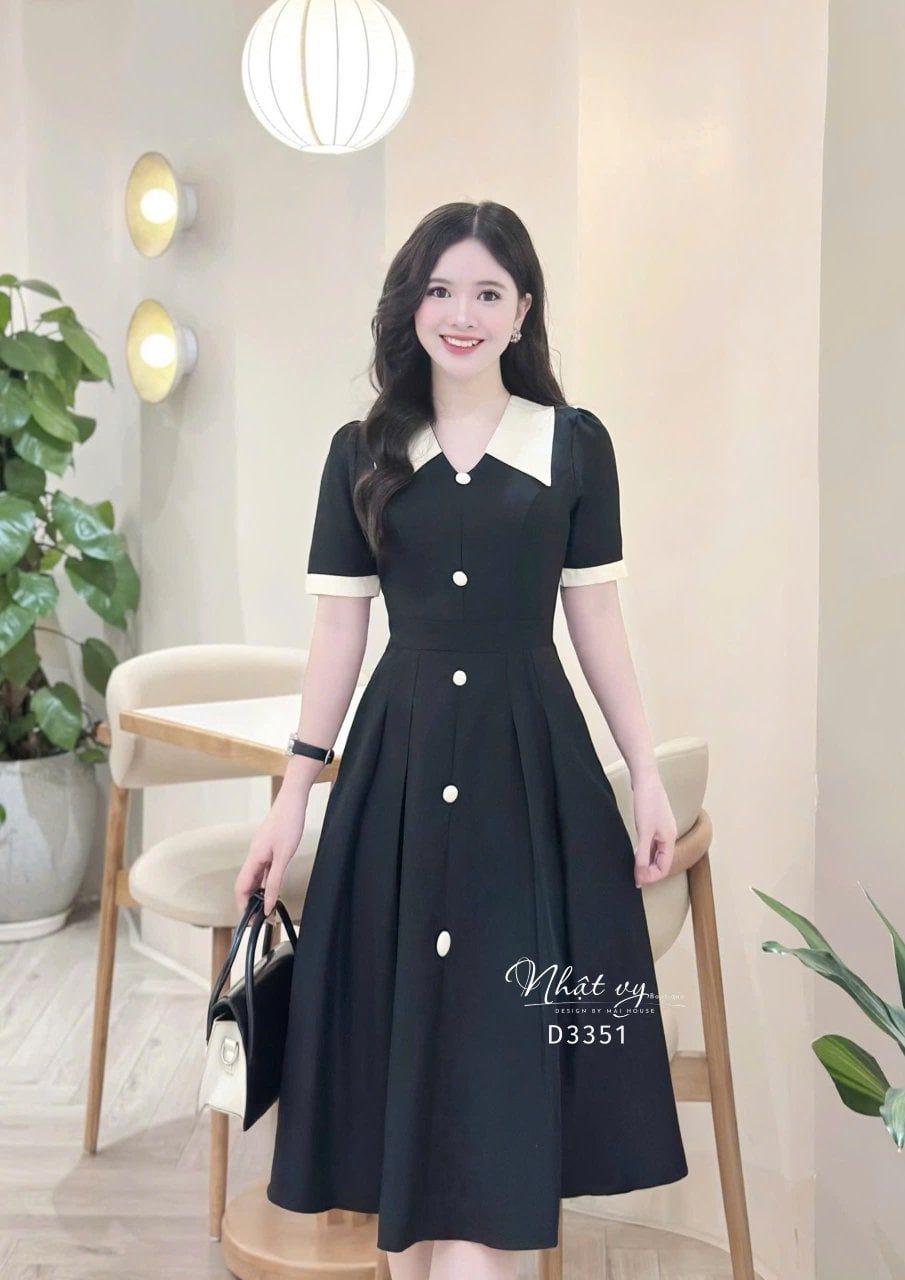  Đầm cổ tim phối bèo đính cúc bọc - D3351 