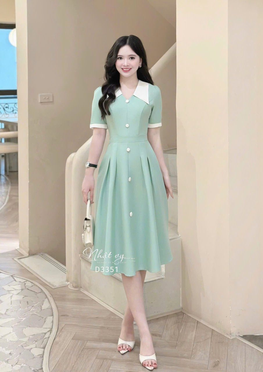  Đầm cổ tim phối bèo đính cúc bọc - D3351 