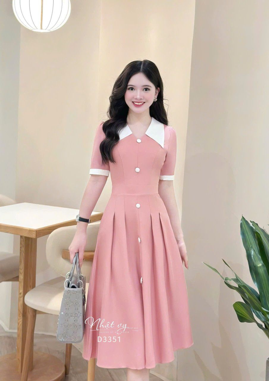  Đầm cổ tim phối bèo đính cúc bọc - D3351 
