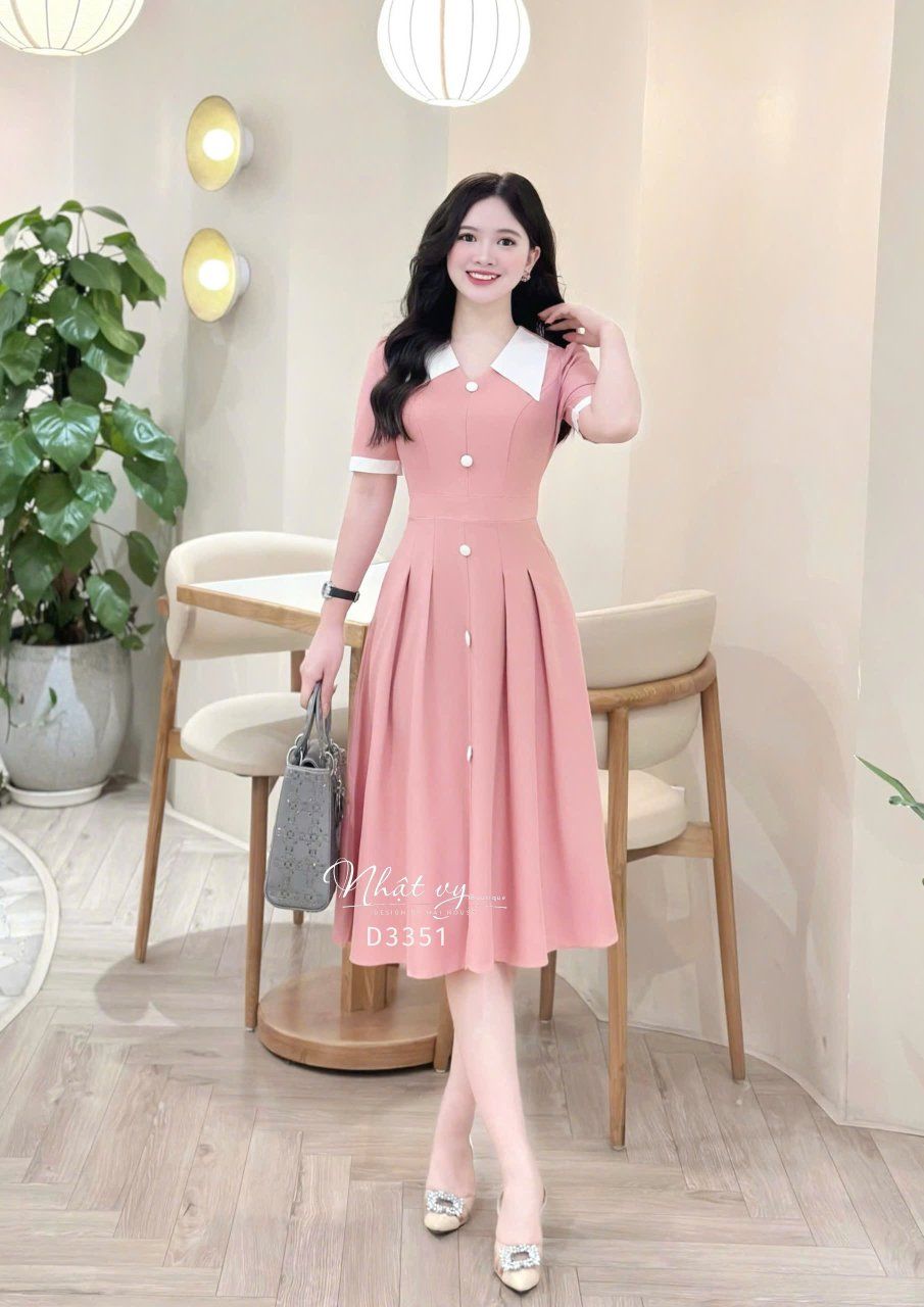  Đầm cổ tim phối bèo đính cúc bọc - D3351 