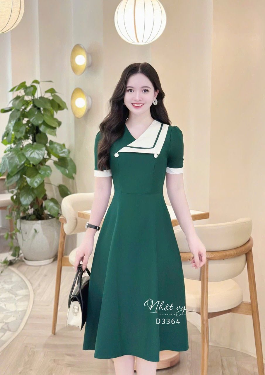  Đầm cổ V phối cách điệu đính nút kiểu - D3364 