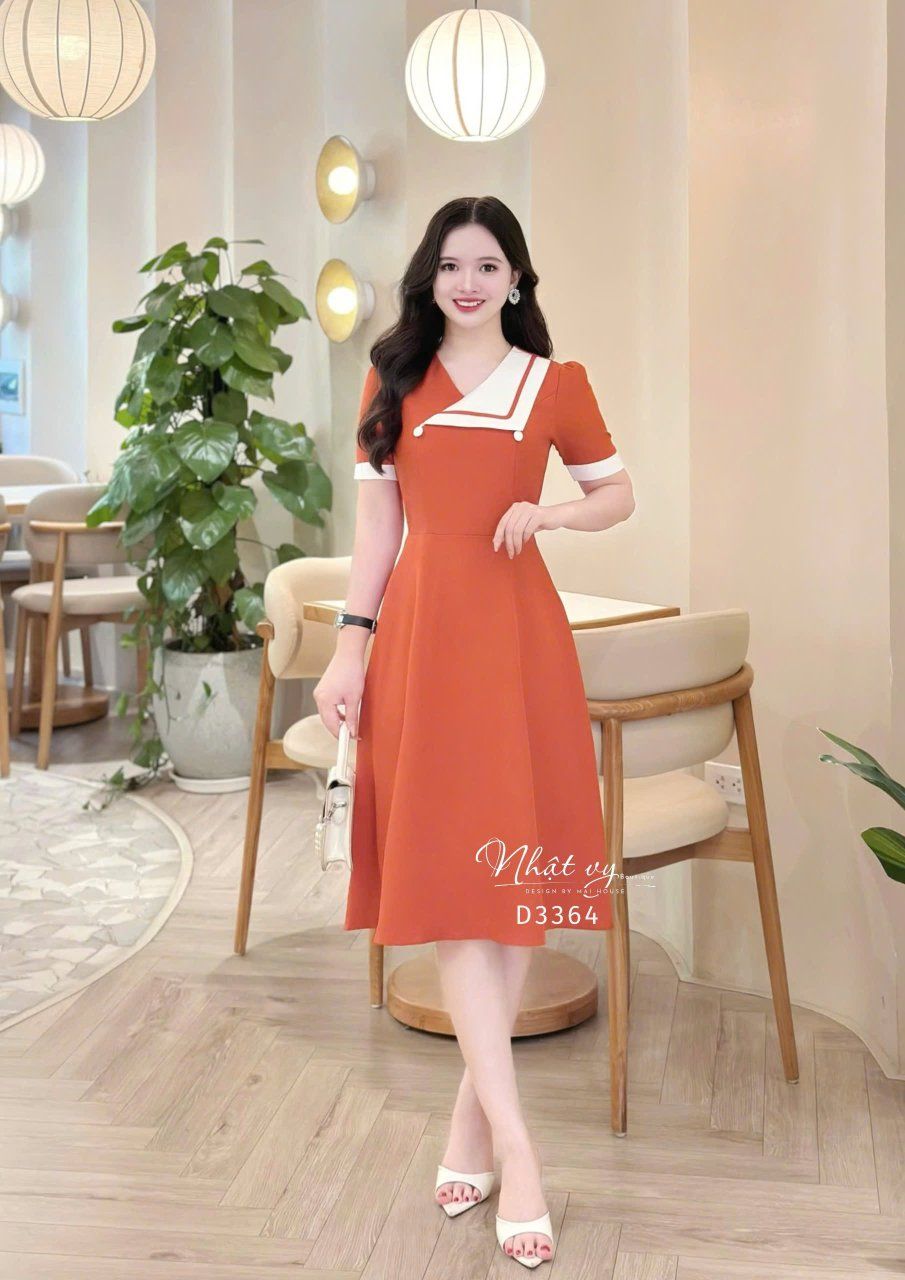  Đầm cổ V phối cách điệu đính nút kiểu - D3364 