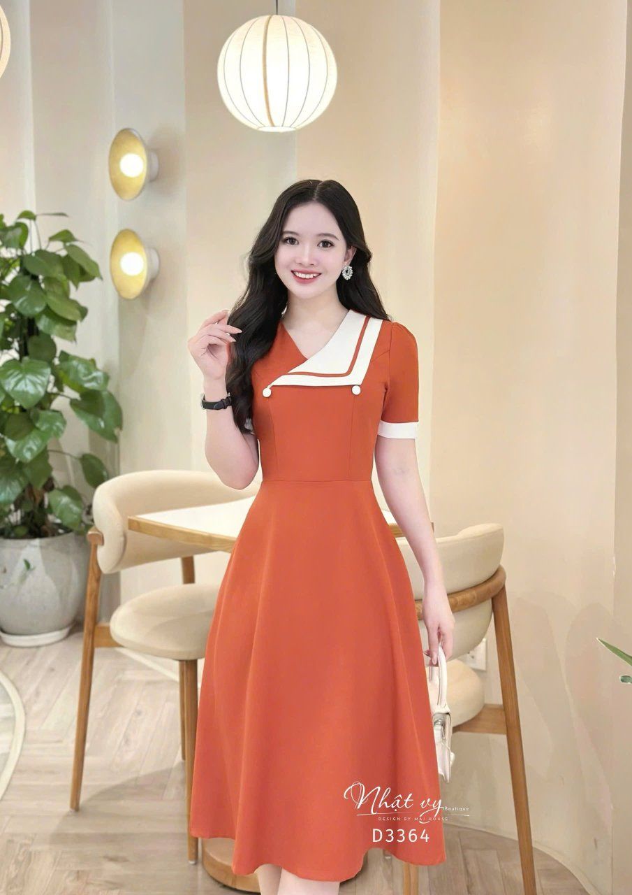  Đầm cổ V phối cách điệu đính nút kiểu - D3364 