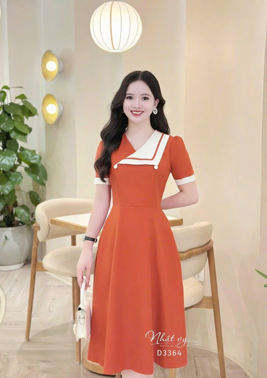  Đầm cổ V phối cách điệu đính nút kiểu - D3364 